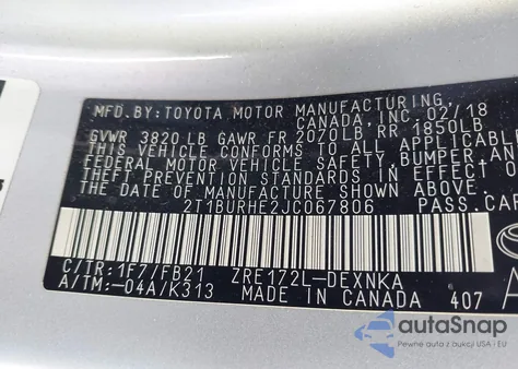 2018 Toyota Corolla Le from USA, damaged, VIN 2T1BURHE2JC067806